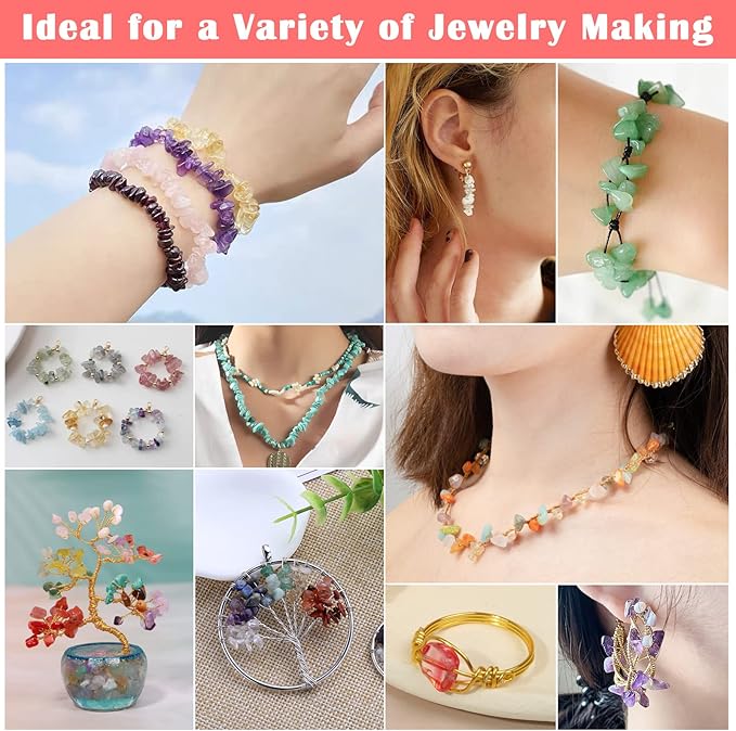 Jollidecor 32 Colors Crystal Stone Beads for Ring Making, Crystal Chips Gemstone Beads Kit Assorted for Jewelry Bracelets, 5mm to 8mm Irregular Rocks Beads Necklace Earring Craft DIY Supplies