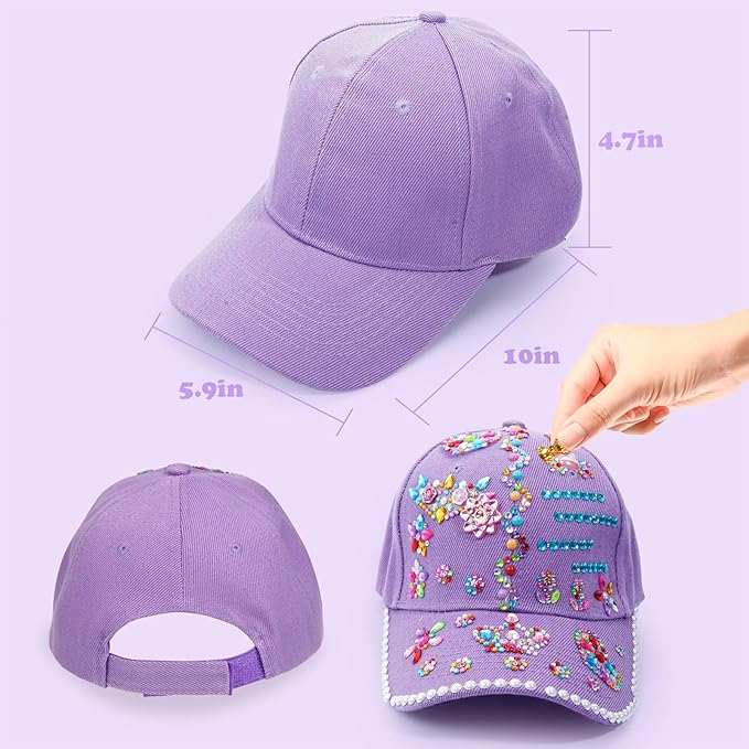 Christmas Gifts for Girls Decorate Your Own Baseball Cap with 10 Sheets Gem Stickers, DIY Arts and Crafts Kit for Kids 4 5 6 7 8 9 10 11 12 Years Old, Girls Handheld Mirror Jewelry Case (Purple)