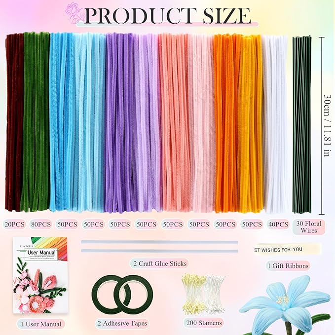 Pipe Cleaner Flower Kit, 540Pcs Pipe Cleaners Craft with 15 Designs Guiding Book, Flower Making Kit with Chenille Stems & Floral Wires, DIY Bouquets and Party Decorations (Multicolor, 12in x 7mm)