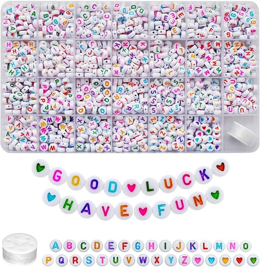 Amaney 1400pcs Colorful Letter Beads 4x7mm Alphabet A-Z Heart White Flat Round Acrylic Beads and Crystal Line for Jewelry Making Bracelets Necklaces Key Chains (Colorful Heart)