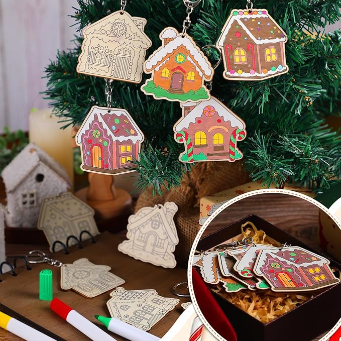Trnayi 36 Pcs Gingerbread House Unfinished Wooden Keychains Color Your Own Unfinished Gingerbread House Wooden Crafts Blank Wood Painting DIY Crafts for Christmas Home Activities Arts Party Decor