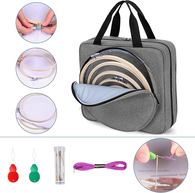 LoDrid Embroidery Kit, Embroidery Project Bag with Embroidery Kit, Portable Craft Carry Case with Starter Kit, Embroidery Supplies Storage Bag and Cross Stitch Kits for Beginners, Adults, Gray