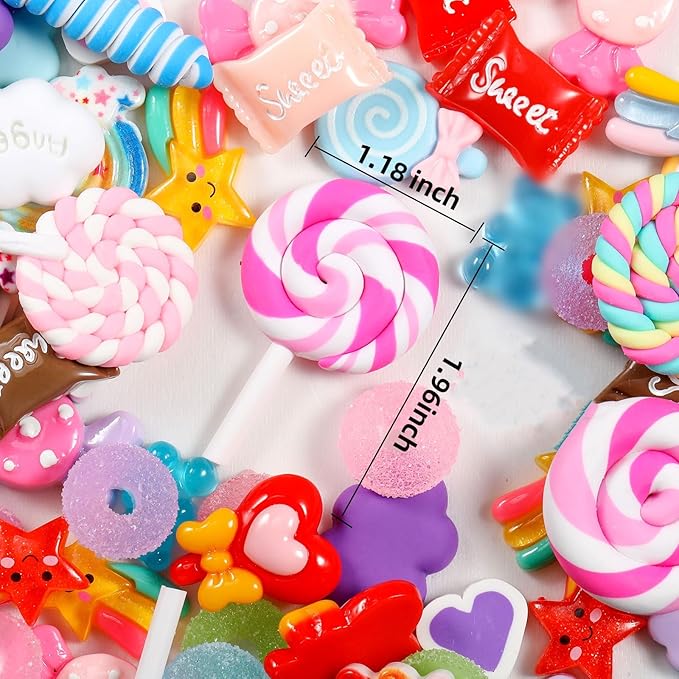 WILLBOND 50 Pieces Assorted Charms Cute Set Flatback Beads Making Kit Mixed Candy Sweets Resin Random Kawaii Candy Resin Ornaments for DIY Craft Scrapbooking Decoration