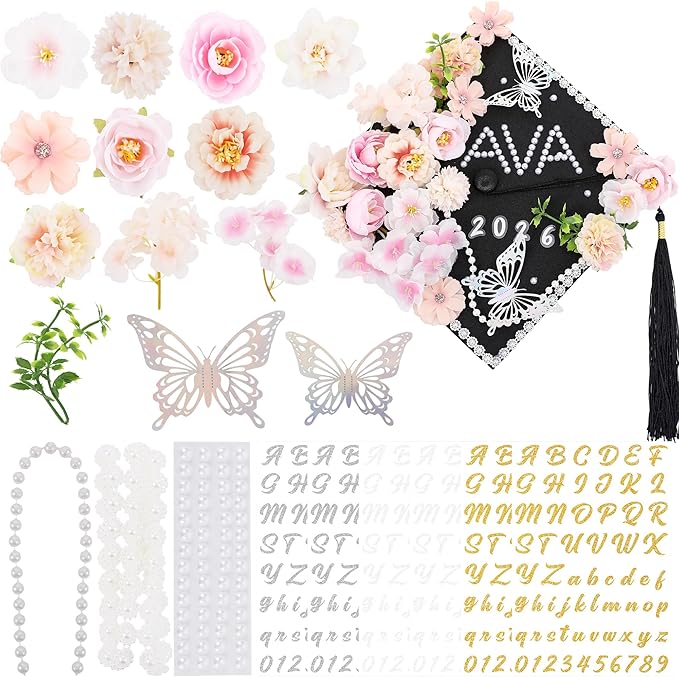 VISSTREE DIY Graduation Cap Decorations, 40 Pcs 2026 Grad Cap Topper Decorations Kit with Artificial Flower, Glitter Paper, 3D Butterfly, Pearls Alphabet Stickers, Lace for 2026 Graduate Supplies Gift