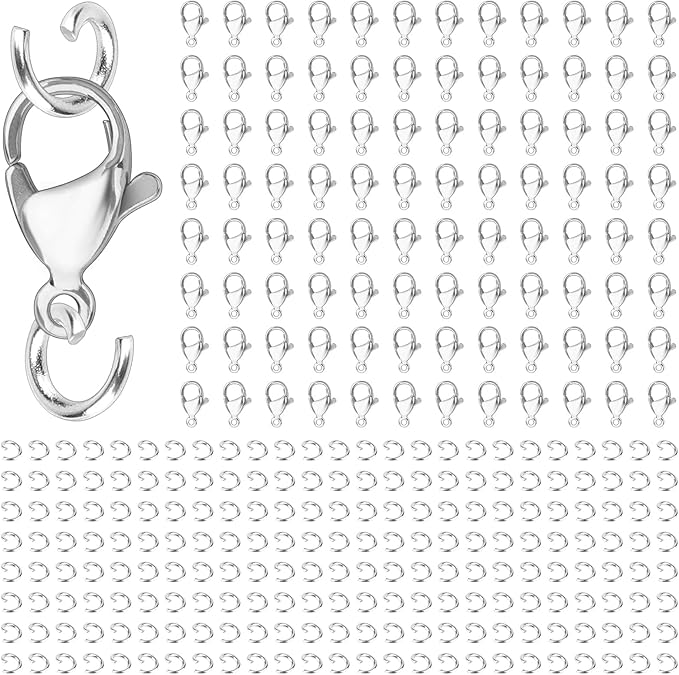300pcs Stainless Steel Lobster Claw Clasps for Necklace/Bracelet Jewelry Making, 12mmx6mm Jewelry Clasps and Closures, Tarnish-Resistant & Colorfast Lobster Clip Findings & Open Jump Rings Set