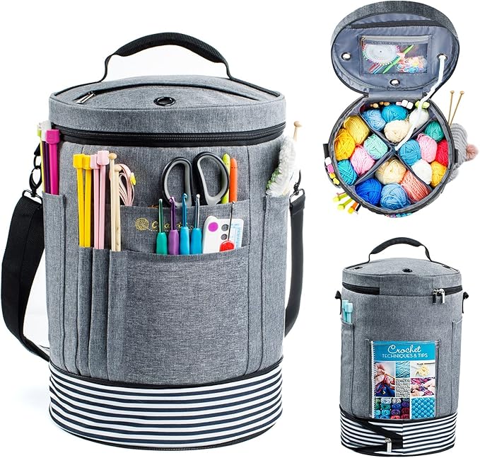Expandable Yarn Storage Organizer, Crochet Bag & Yarn Tote with Zipper Closure, Yarn Holder for Crocheting and Knitting for Yarn Skeins, Hooks, Needles, Accessories – Gift for Crafters