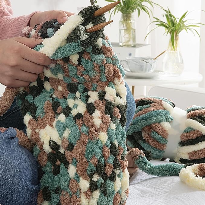 HOMBYS Chunky Tie Dye Mix Chenille Yarn for Hand Knitting, Super Bulky Jumbo Yarn for Crocheting, 3/4" Thick Soft Plush Yarn for Blankets, 8 Skein Pack (26 yds / 7.5 oz Each) Green,White Multi