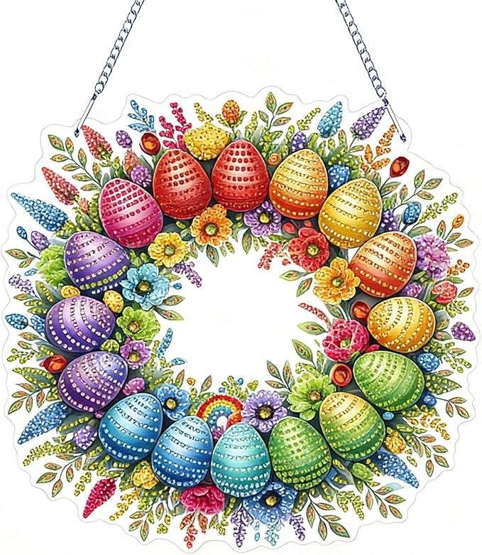 IASINN Easter Egg Wreath Diamond Painting Pendant 5D Diamond Art Painting Kits for Adults Beginners, Special Shape Crystal Diamond Crafts Ornament Hanging Sign for Happy Easter Home Wall Window