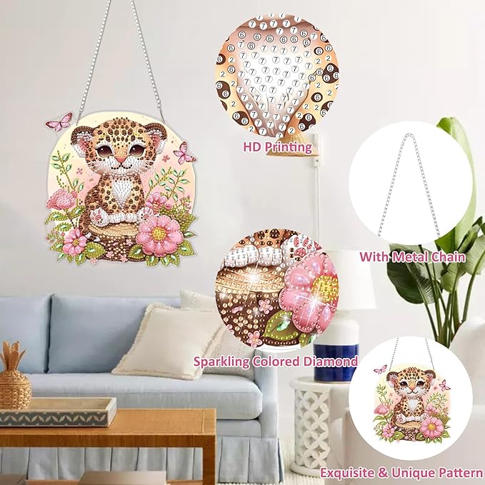 DOMROM Leopard Diamond Art Hanging Kits for Adults, Special Shaped Crystal Diamond Painting Leopard Pendant, DIY Diamond Art Suncatchers Animal for Home Garden Wall Decor Gift