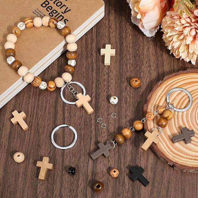 SUNNYCLUE 280Pcs Keychain Making Kit Wood Cross Charms Round Cross Bead Wood Cross Beads Mini Crucifix Charm Wooden Cross Charms Split Key Rings for Keychains Bracelets Beading Craft DIY Supplies