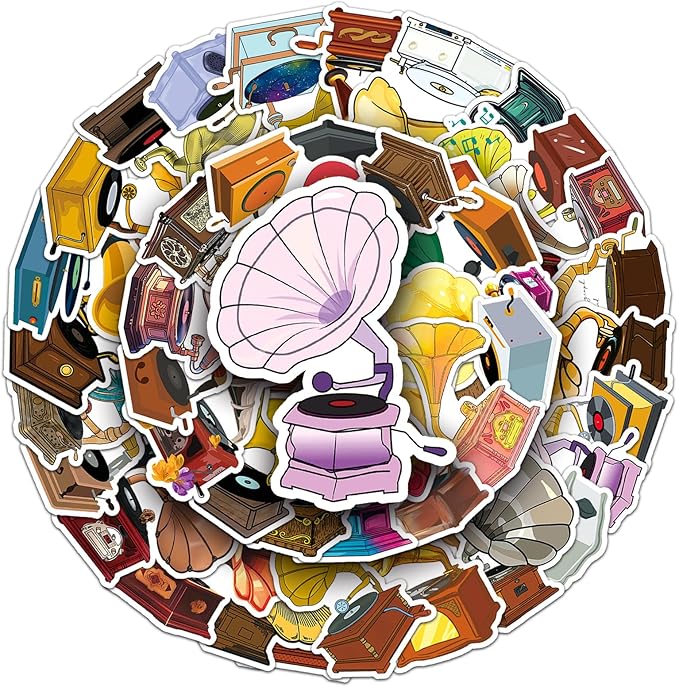 Retro Phonograph Stickers for Scrapbooking,50 Pcs Vintage Phonograph Decals, Waterproof Vinyl Stickers for Journals, Laptops, Home Decor, Ideal for Music Lovers Adults