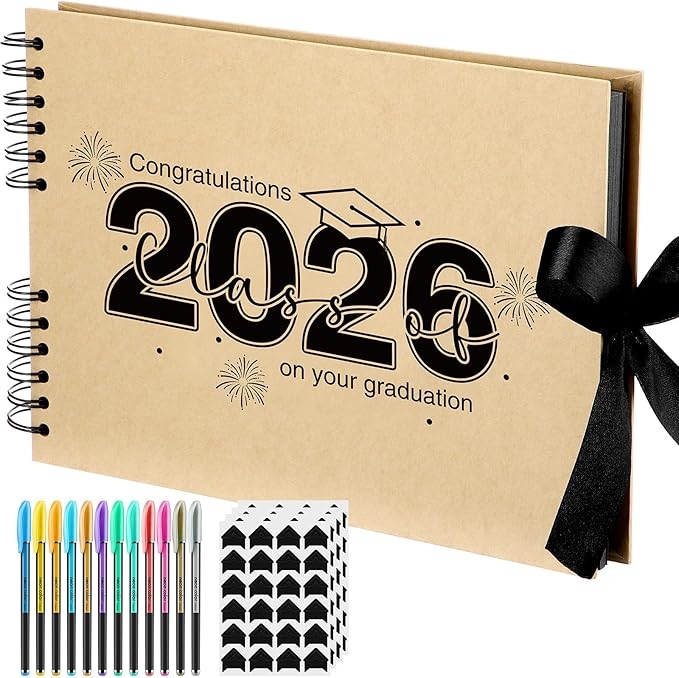 80 Pages Graduation Scrapbook Kit 11 x 8 Inch Photo Album of 2026 Graduation Decoration with 12 Metal Pens and 4 Sheets Stickers for DIY School Congrats Grad Memory Book to Sign(Brown)
