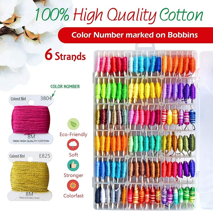 Embroidery Floss Cross Stitch Threads String Kits with Organizer Storage Box Included 108pcs Colorful Friendship Bracelets Floss with Number Stickers&Floss Bobbins &110 Pcs Cross Stitch Tool Kits