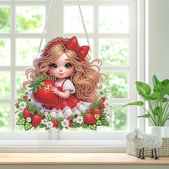 Bowetile Diamond Art Hanging Kits for Adults, Diamond Art Suncatchers Cute Strawberry Girl, 5D Special Shape Diamond Painting Pendant Window Ornament Gifts for Home Wall Door Garden Decor