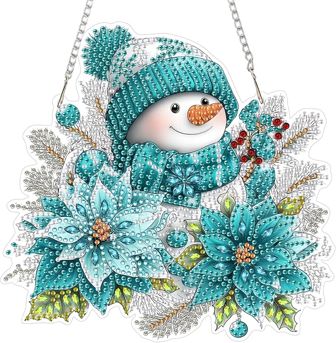 MEIYUDA Snowman Diamond Art Hanging Kits for Adult, Winter Snowflake Diamond Painting Hanging Kits Ornaments, DIY Special Shaped Rhinestone Window Pendants kit for Home Garden Wall Decor Gift