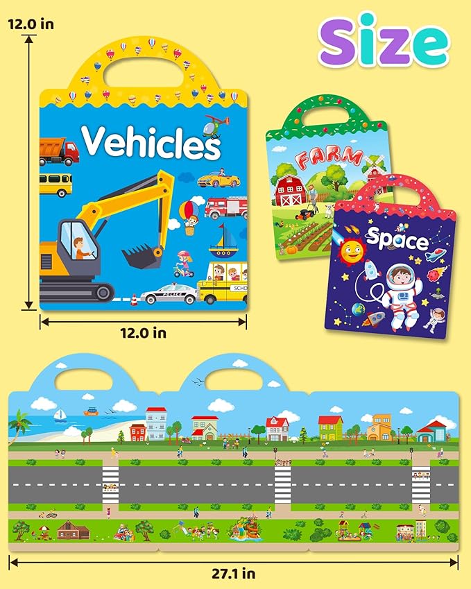 benresive reusable sticker books for kids, sticker books for toddlers, toddler travel toys activities crafts ages 3 and up birthday gifts - farm, space and vehicle