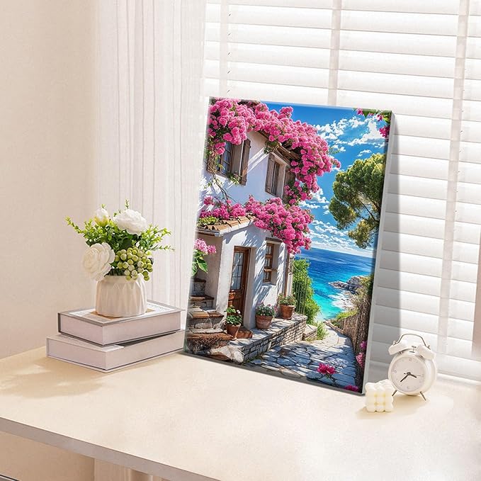 ATDMS Paint by Numbers Kit for Adults with Frame Landscape Paint by Number with Easel DIY Flowers House Adult Paint by Number Kits Paint by Numbers Kit on Canvas for Gift Home Wall Decor 8x12 Inch