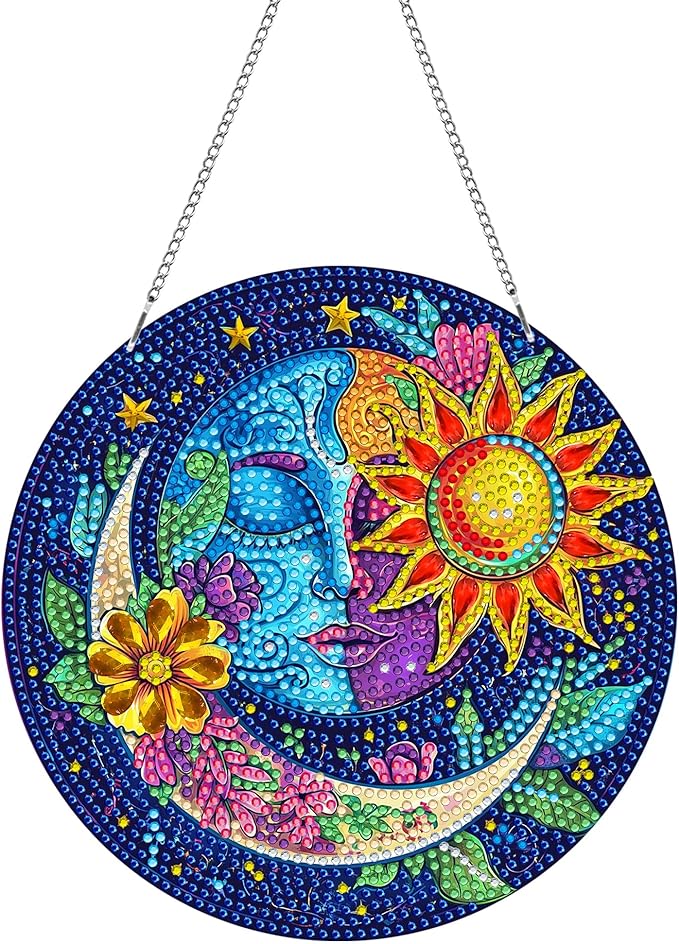 Pavemlo Hanging Diamond Art Kits for Adults Sun and Moon – 8x8 Inch Double-Sided Acrylic Board DIY Crystal Diamond Suncatcher Pendant, Sparkling Home Wall or Window Decoration Handmade Gift