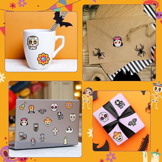 beyumi sugar skull roll stickers - 1000pcs day of the dead stickers in 2 rolls dia de los muertos sugar skull decals for kids halloween mexican festival party supplies classroom guitar bottle decor