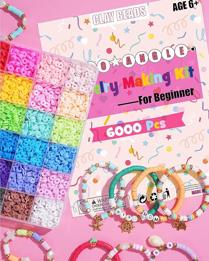 Mio Angle Clay Beads Bracelet Making Kit 24 Colors Flat Preppy Beads for Friendship Jewelry Making Polymer Heishi Beads with Charms Gifts for Teen Girls Crafts for Girls Ages 8-12