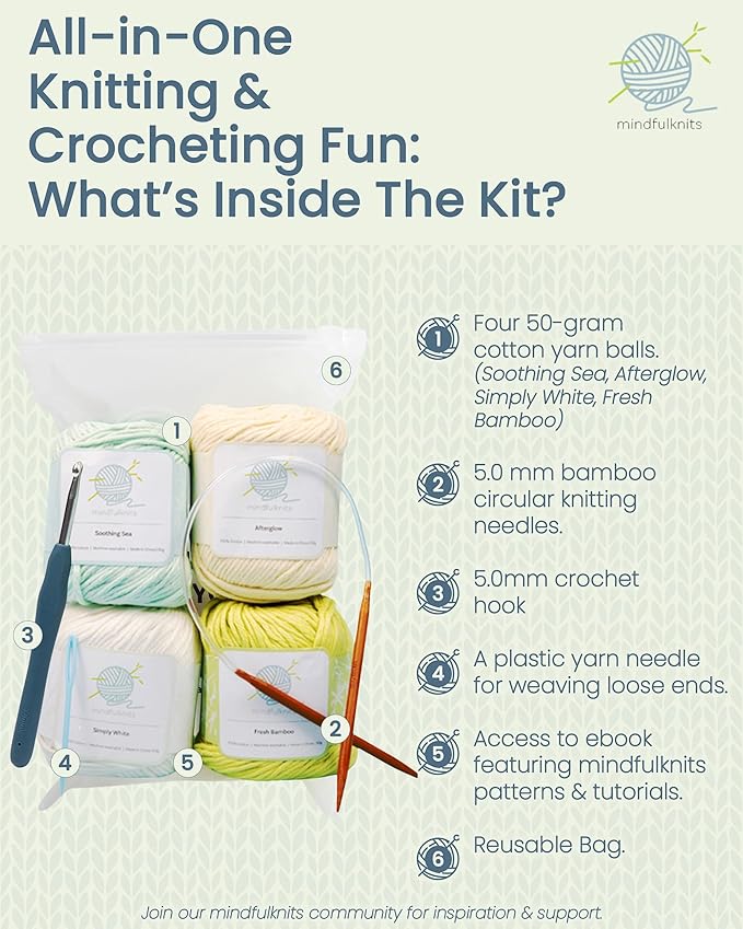 mindfulknits Knitting Kit for Beginners Adults with Knitting Needles, Yarn Needle & 100% Cotton Knitting Yarn (4) – Make Washcloths - Zen Basic Knitting Supplies Set for Relaxation & Stress Relief