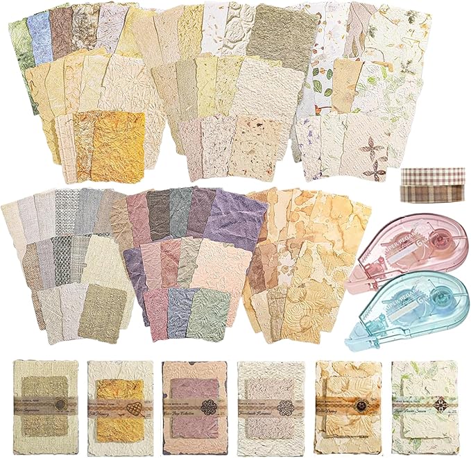 168 Pcs Textured Vintage Scrapbook Paper Kit with Washi Tape & Double Sided Tape, 6 Themes Junk Journal Supplies for Scrapbooking, Card Making, Collage Crafts