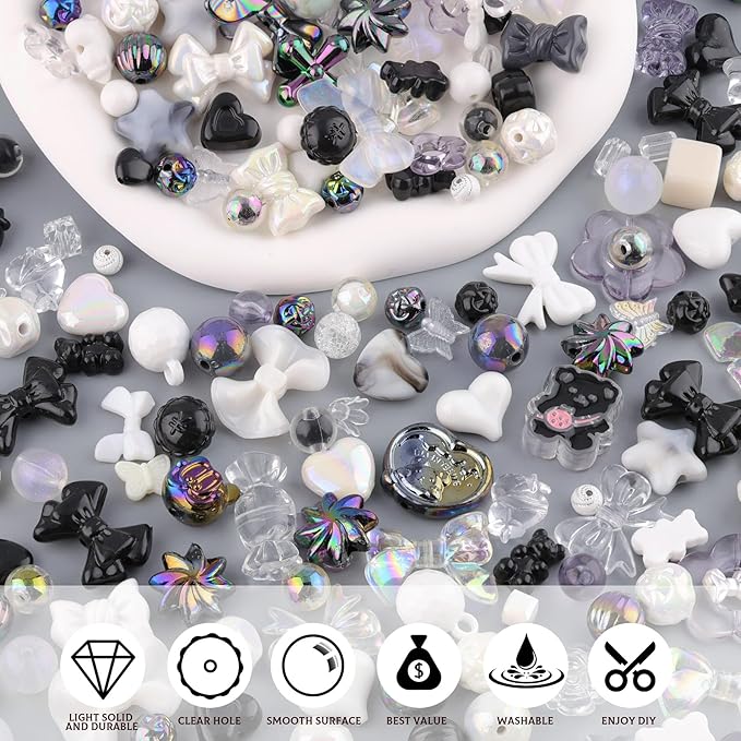 200-260pcs tinkrstuff assorted black acrylic beads for bracelet making, cute beads for jewelry making flower bow butterfly candy gummybear aesthetic bracelet charms,diy necklace keychain phone charm