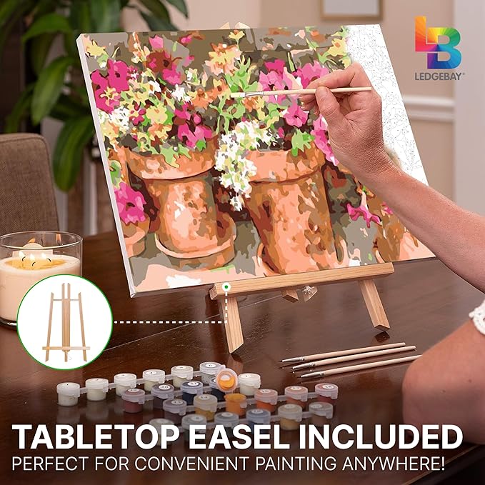 Ledgebay DIY Paint by Numbers Kit for Adults Framed Canvas Beginner to Advanced Paint by Numbers Kit, Kits Include Acrylic Paint Set, Brushes & Tabletop Easel (Sweet Petunias 16" x 20" Framed)