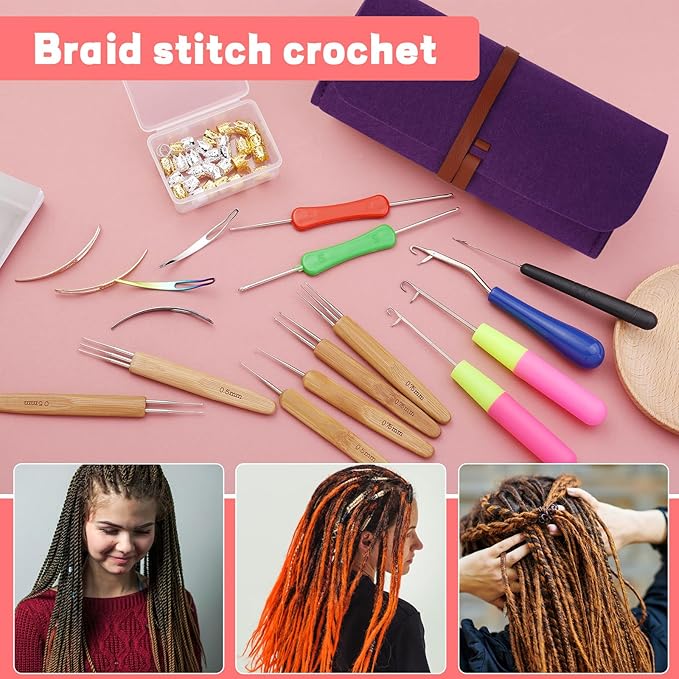 Dreadlock Crochet Hook, 48 Pcs Loc Crochet Needle, 6 Dreadlock Crochet Needle, Crochet Hooks for Hair, Different Size Bent Latch Hook with Case and Dreadlocks Tool (Purple)