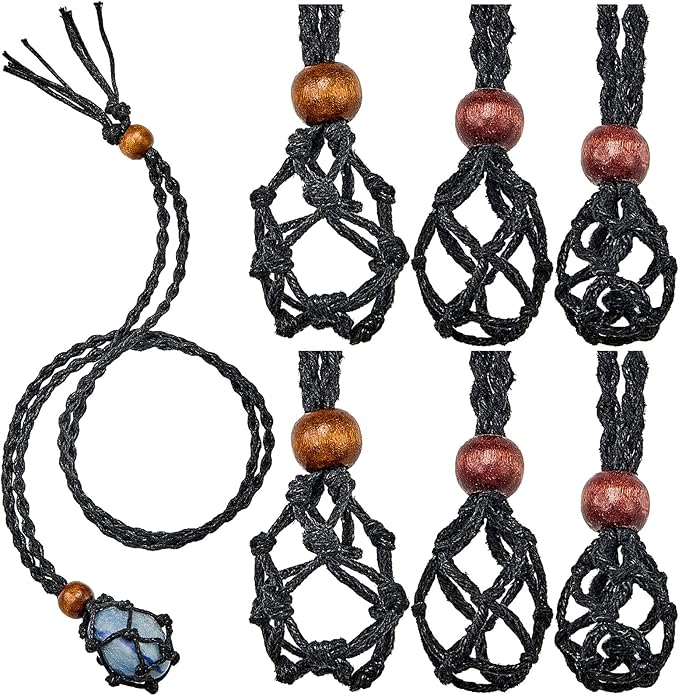 Hicarer 6 Pieces D20 Necklace Cord Empty Stone Holder Empty Necklace Holder Quartz Crystal Stone Cord, 3 Sizes Adjustable Cage Fish Netted for DIY Jewelry Making(Black)