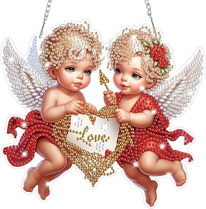 Bowetile Valentine's Day Diamond Art Hanging Kits for Adults, Diamond Art Suncatchers Cupid, 5D Special Shape Diamond Painting Love Pendant Window Ornament Gifts for Home Door Wall Decor