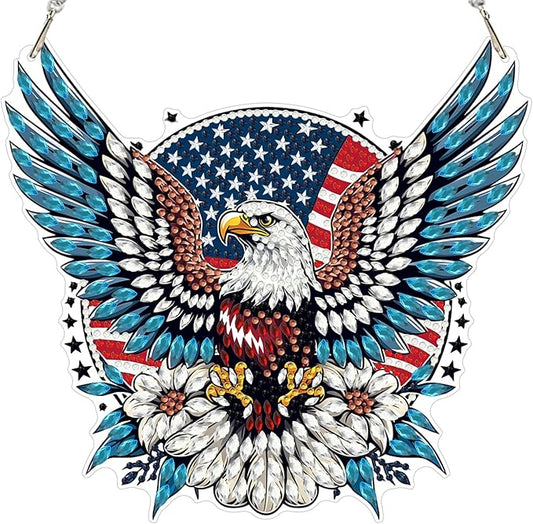 MXJSUA Eagle American Flag Diamond Painting Art Window Suncatchers, Diamond Art Kits for Adults Hanging Ornaments with Chain, 5D Special Shape Crystal Diamond Pendant Accessories for Decor Gift