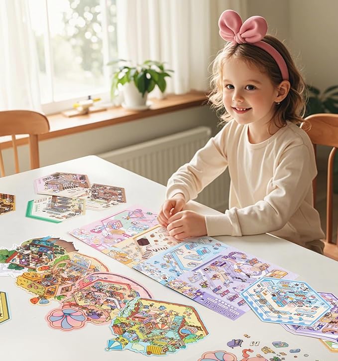 12 Sets DIY 3D Sticker Scene for Kids, Fun DIY Sticker Scene Make Your Own Mini House Cute Cartoon Animal Scene Stickers Adult Sticker Art Relief Stress Pass The Time Holiday Christmas Fun