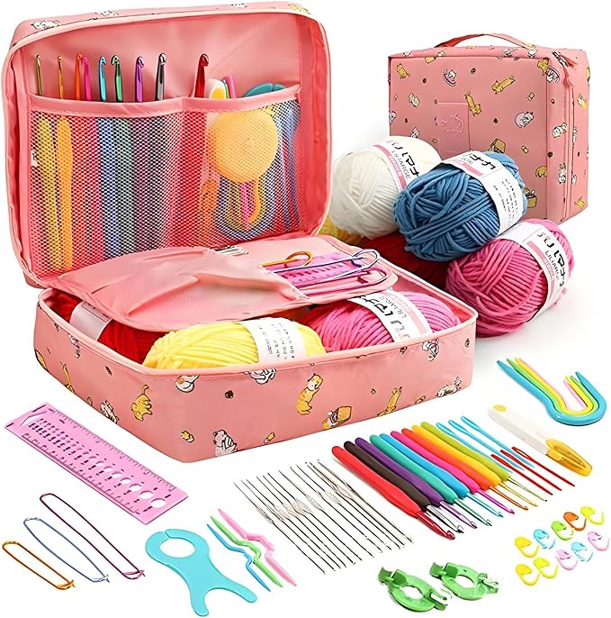 QRZLP Complete Crochet Kit with Storage Bag - 59-Piece Beginner Crochet Set Includes Yarn Balls, Crochet Hooks, Stitch Markers, Needles & Accessories for DIY Knitting, Amigurumi, and Craft Projects.
