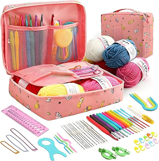 QRZLP Complete Crochet Kit with Storage Bag - 59-Piece Beginner Crochet Set Includes Yarn Balls, Crochet Hooks, Stitch Markers, Needles & Accessories for DIY Knitting, Amigurumi, and Craft Projects.