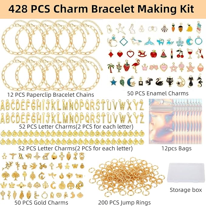 wxfhtda Charm Bracelet Making Kit for Adults & Teens, 428 Pieces DIY Charm Bracelet Set with Gold Charms, Including Paperclip Chain Bracelets, Charms, Jump Rings for Jewelry Making