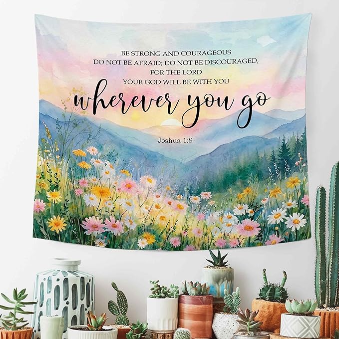MNASAIOO Christian Wildflower Mountian Wall Tapestry Hanging for Bedroom, Bible Verse Scripture Joshua 1:9 Tapestries,Watercolor Spring Colorful Landscape Wall Decor for Living Prayer Room 50x60in