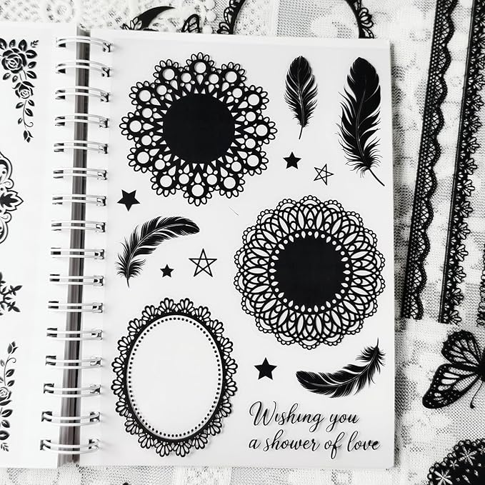 130 Pcs Vintage Black White Lace Scrapbook Stickers - Classic Butterfly Feather Heart Embellishments for DIY Journal Wedding Photo Album Craft Decor, Fade-Resistant Waterproof Reusable