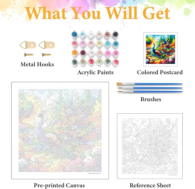 Okarina Paint by Numbers Kit for Adults Beginner Peacock, Adult Paint by Number Kits on Canvas, Peacock Animal DIY Acrylic Oil Painting by Numbers for Adults, Perfect for Home Wall Decor 16X16 Inch