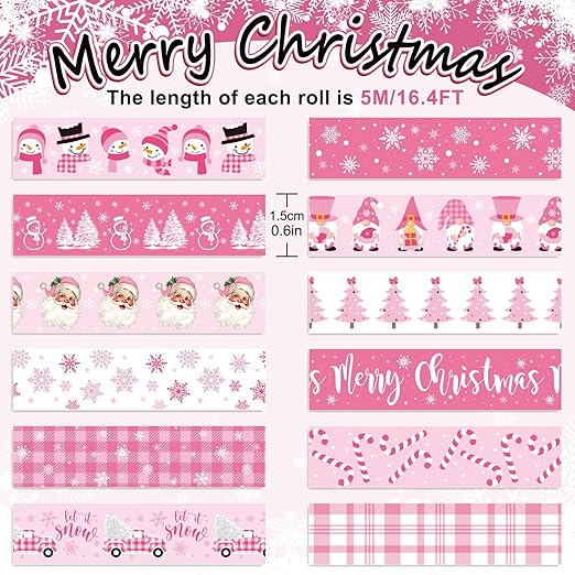 Whaline 12 Rolls Pink Christmas Washi Tape Winter Snowflake Santa Xmas Tree Washi Tape Christmas Holiday Pink Decorative Masking Tape Assortment for Scrapbook Journal DIY Crafts Gift Wrapping