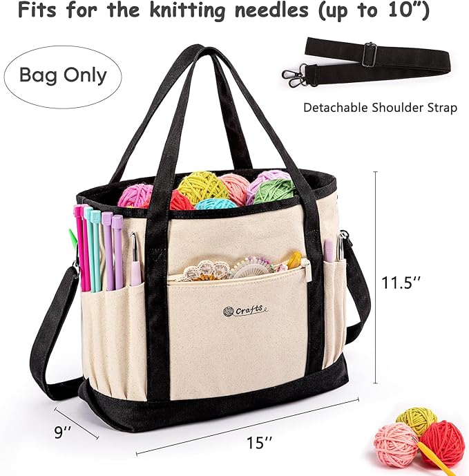 Canvas Yarn Storage Organizer Bag Washable Crochet Bag with Pockets for Yarn, Hooks, Needles – Travel Knitting Tote for Crafters – Gift for Crocheters & Knitters (Medium/Large)