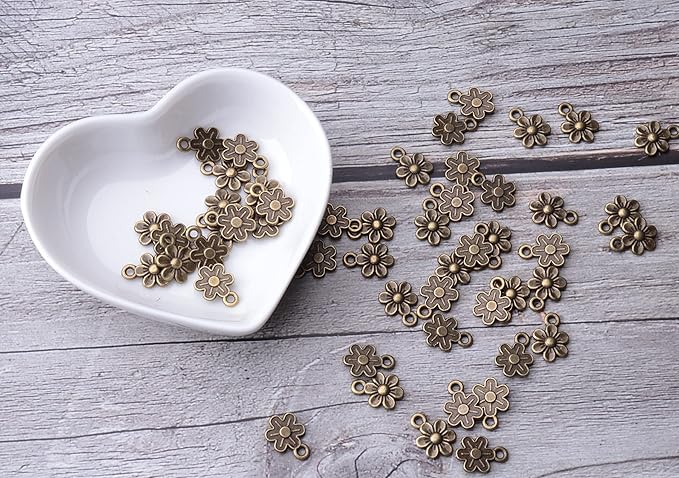 Ruwado 50 Pcs Little Flowers Charms Metal Vintage Cute Vintage Small Flower Pendants for Jewelry Making Kit Bracelet Necklace DIY Making Crafting Project Accessories Supplies (Bronze)