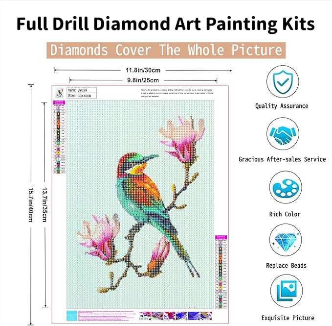 PINFFSHU Colorful Bird Diamond Painting Kits for Adults Beginners Magnolia Flower Diamond Art Full Drill DIY 5D Gem Art Crafts Floral Bird Wall Art Decor Gifts 12x16 Inch