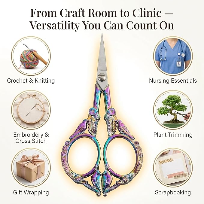 Crochet Scissors with Cover – Rainbow Vintage Small Embroidery Scissors, Sharp Craft Scissors for Yarn Thread Sewing Needlework, Cute Bird Design Gift for Crocheter Quilter, 4.6 Inch