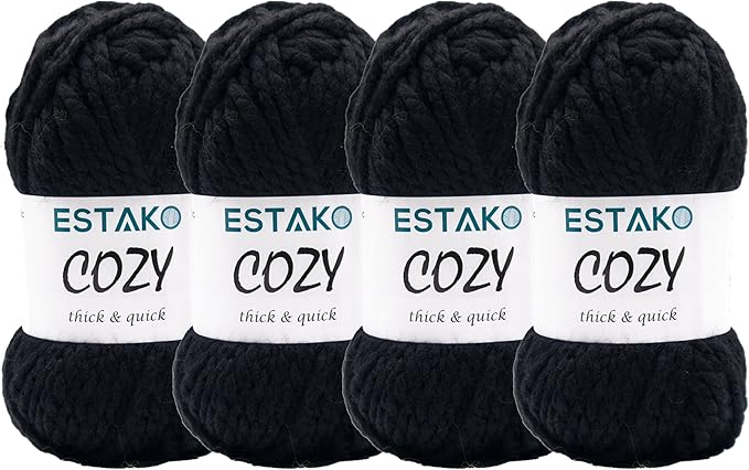 Estako Cozy Thick & Quick Yarn (4 Skeins Pack) 20% Wool 80% Acrylic Soft Super Bulky Weight #6 Knitting and Crocheting Yarn (4 x 3.52 Oz) / (4 x 65 Yrds) (50968-Black)