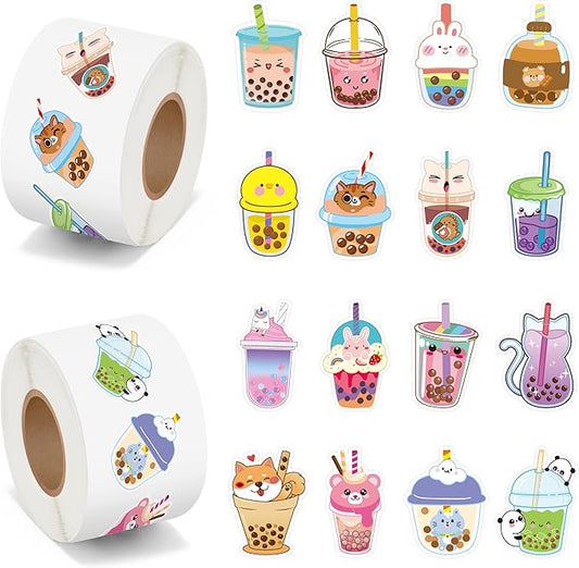 beyumi bubble tea sticker roll - 1000pcs boba stickers in 2 rolls waterproof vinyl drinks theme cute kawaii bubble tea decals gift laptop bottle scrapbooking luggage computer envelope decor for kids