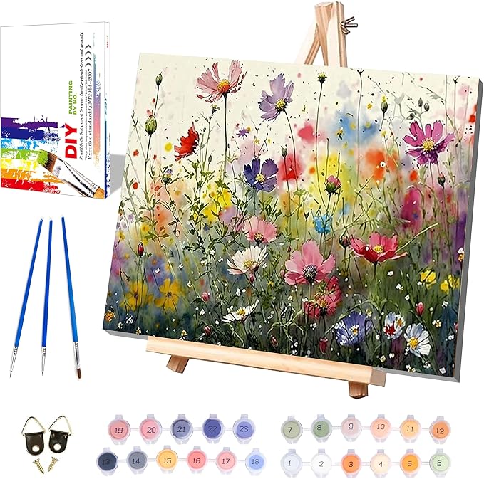 Wild Flower Paint by Numbers for Adults with Framed Canvas-with Wooden Easel,Paint by Number on Canvas Flowers,DIY Acrylic Oil Painting Kits with Brushes Nice Gift Box for Home Wall Decor(12x16inch)