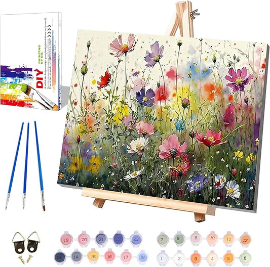 Wild Flower Paint by Numbers for Adults with Framed Canvas-with Wooden Easel,Paint by Number on Canvas Flowers,DIY Acrylic Oil Painting Kits with Brushes Nice Gift Box for Home Wall Decor(12x16inch)