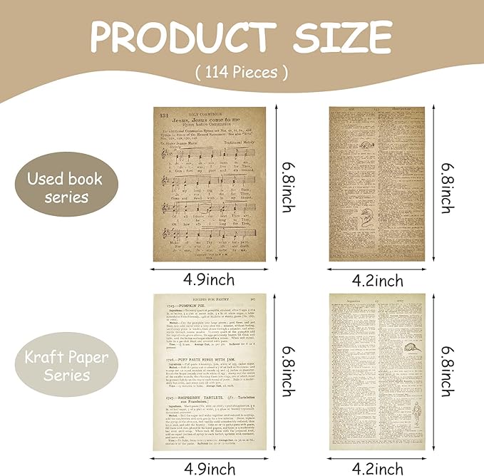 Zonon 114 Pieces 2 Sets Junk Journal Pages Vintage Ephemera Pack Craft Paper Junk Journal Vintage Paper for Albums Planner Decorative Crafts Embellishment Supplies(Old Book and Vellum Series)