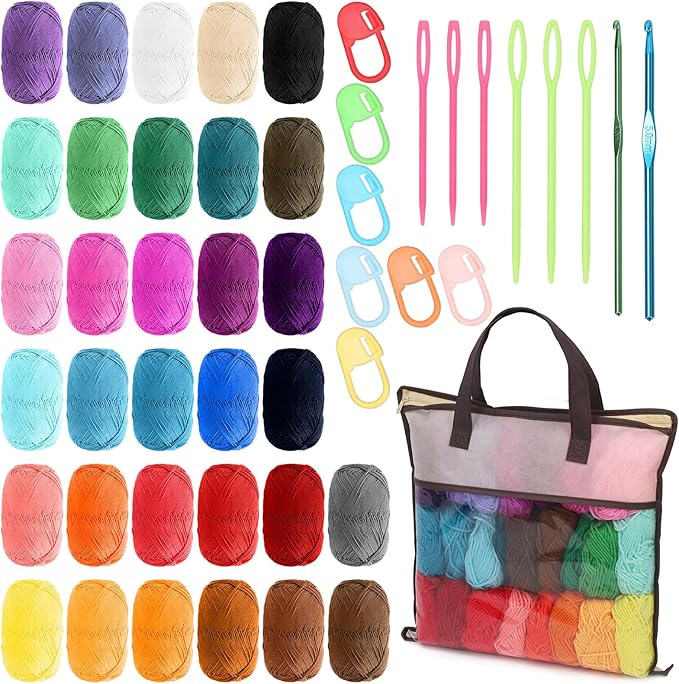 Swpeet 51Pcs Crochet Yarn Kit, Including 32Pcs Multicolor Acrylic Yarn Skeins, 10Pcs Stitch Markers, 6Pcs Plastic Knitting Needle, 2Pcs Crochet Hooks and 1Pcs Bag for Crocheting and Knitting